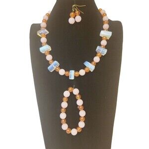 Handmade Opal/Red Agat/Pink Quartz Women Necklace/Earrings/Bracelet Jewelry Set